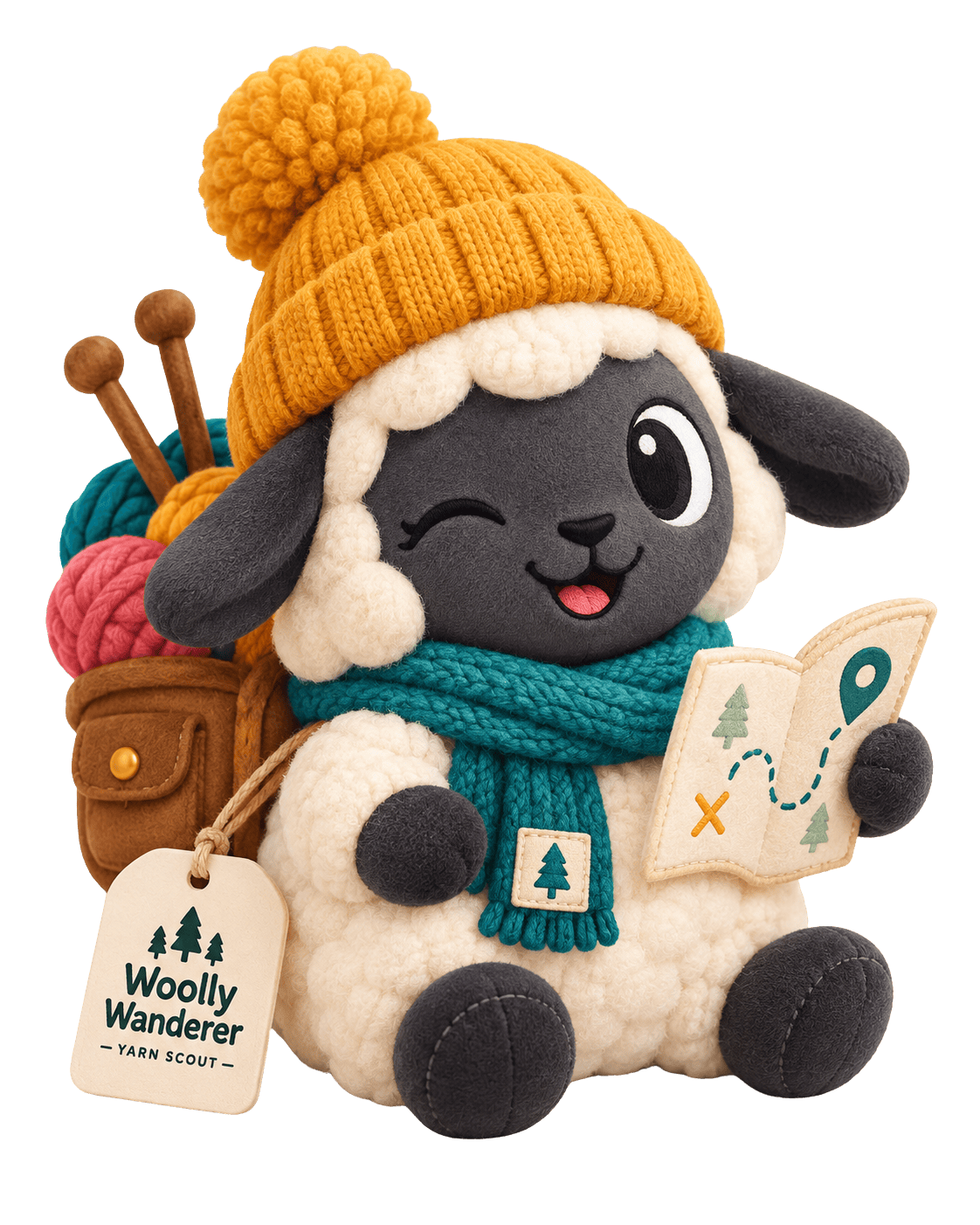 Woolly Wanderer, The Yarn Scout mascot, imagined as a plush toy